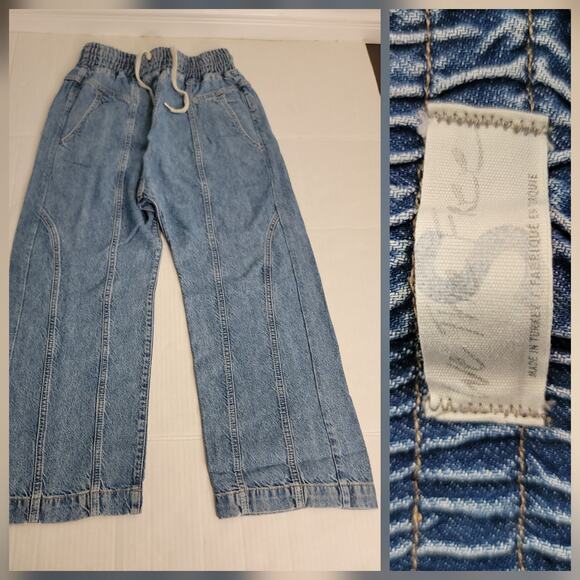 Free People Jeans Sz Small Pull On Cropped Straight Wide Leg Harlem Drawstring - Picture 1 of 12